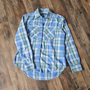 Lauren Ralph Lauren Women's XS Blue Plaid Tab Sleeves Button Front Shirt Cotton.